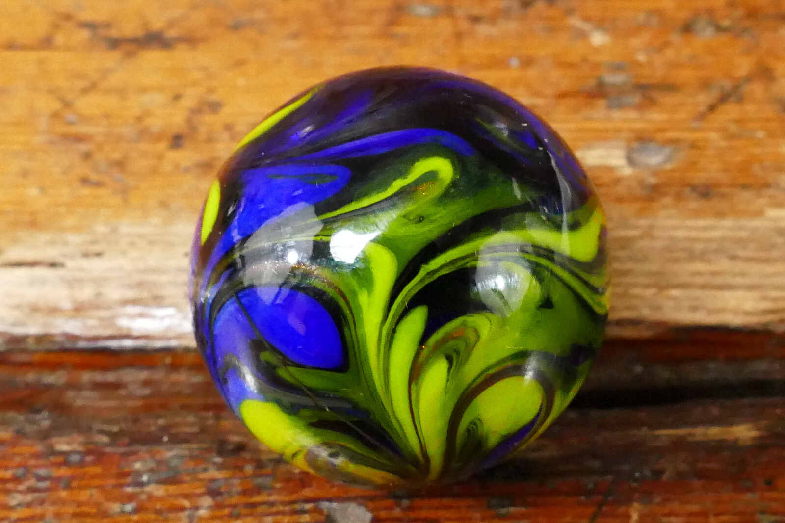 Vintage Hand Blown Art Glass Marble Blue Yellow & Green Swirl – 1 3/16” Diameter