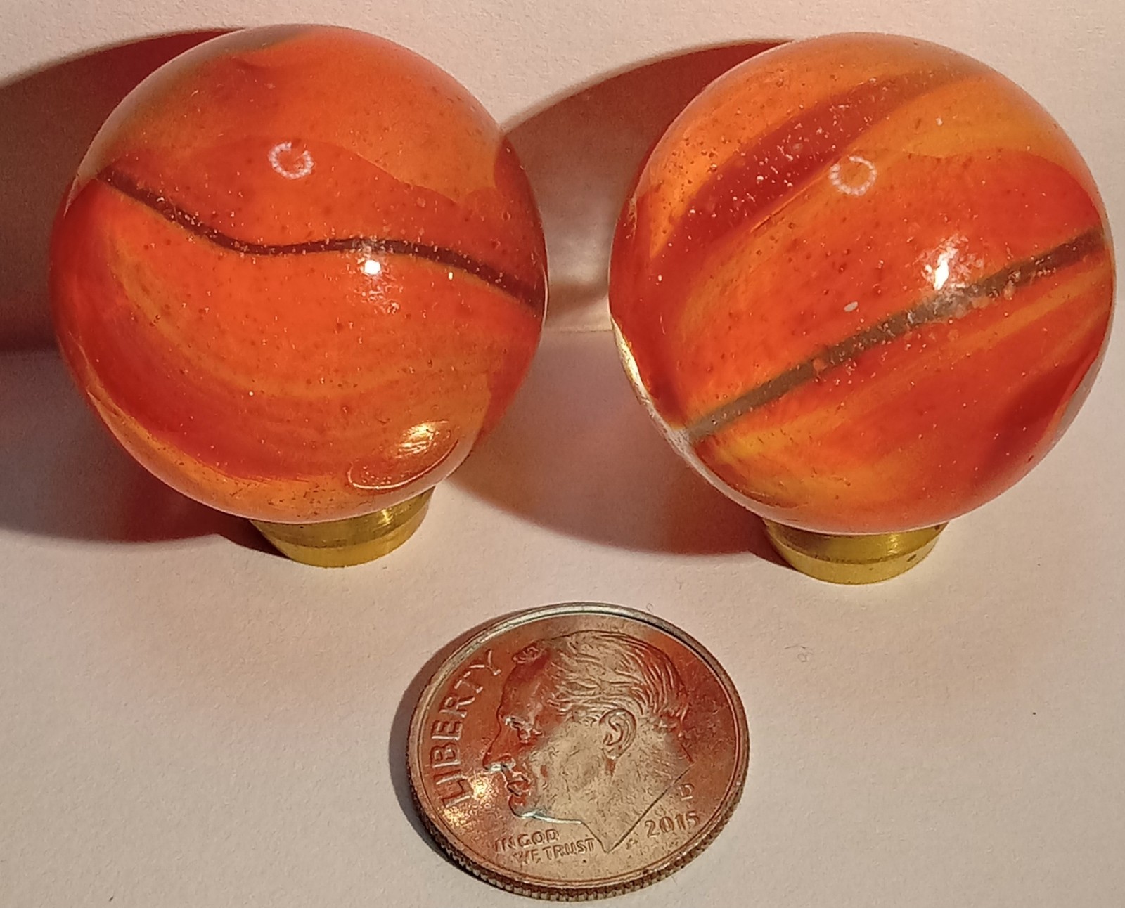 2 Old HEATON Bogard Cats Eye Marbles Orange & Yellow Hybrid 1″ SHOOTERS NM+