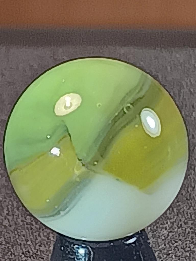 9/16″ Vitro Jade Green Yellowed Lime Moss Ice White on Clear Serious Marble B157