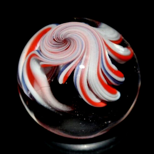 ERIC BROCK GLASS MARBLE/.762″-PATRIOT FILIGRANA-RED,WHITE,BLUE-OPENS INTO FLOWER