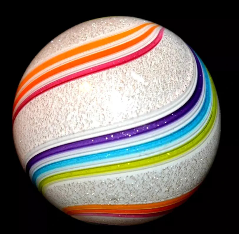 HOT HOUSE GLASS MARBLE/1.744″-DICHROIC SNOW W/12 DICHROIC RAINBOW RIBBONS-FAST