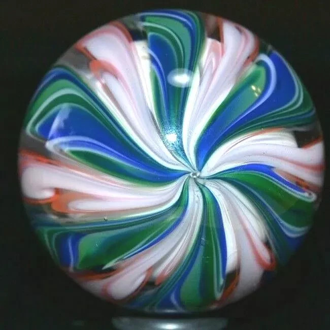 FRITZ LAUENSTEIN GLASS MARBLE/1.623″12 CANE SPECIAL CROWN MARBLE-ROYAL,LIME,ROSE
