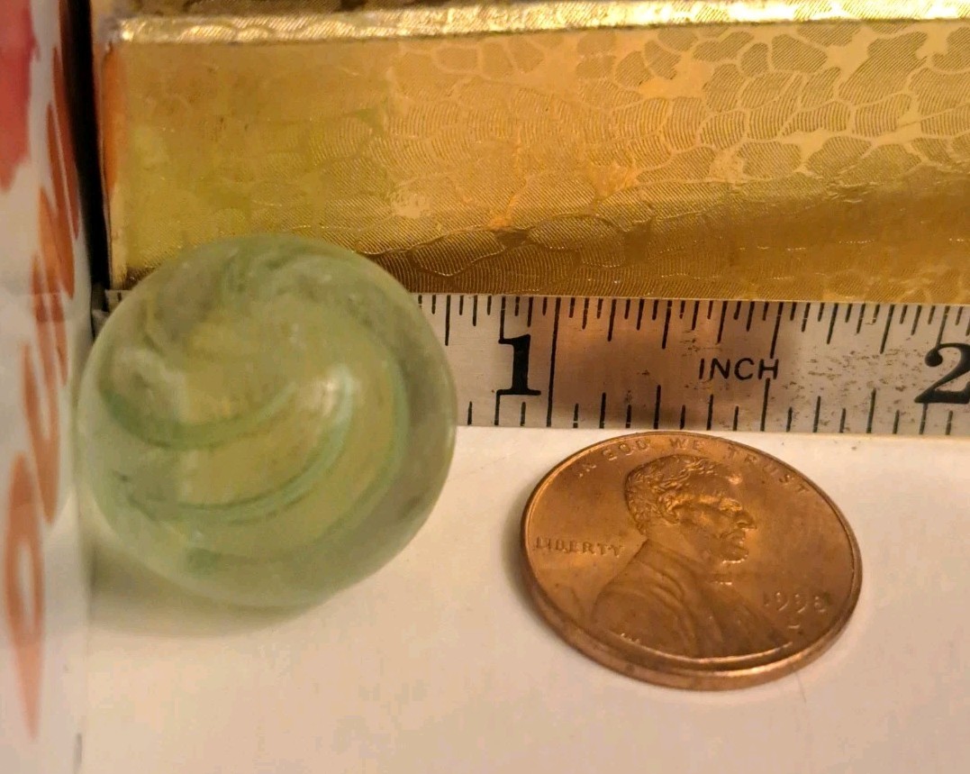 Antique Handmade German Marble – Green Swirl Latticinio Yellow Core
