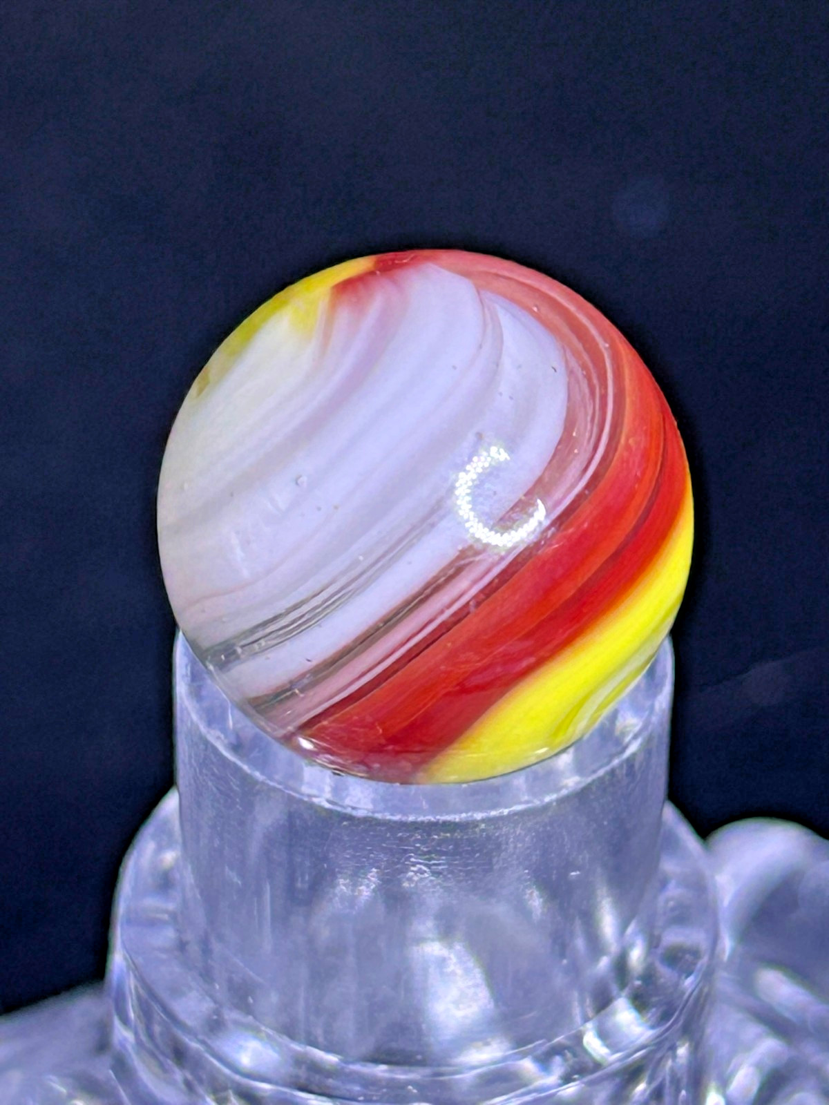 Vintage Akro Agate Popeye Marble, Red/Yellow/White, UV+, .62″, Wet Mint, AP9
