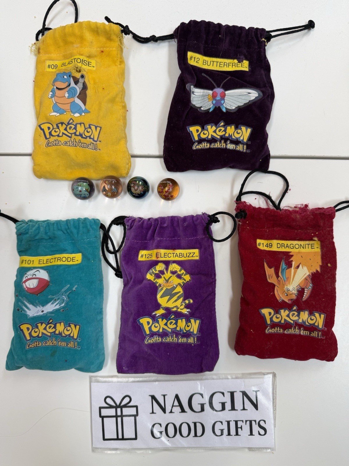 Pokemon Marble Lot 50 Marbles 5 Original Drawstring Bags Charizard Articuno