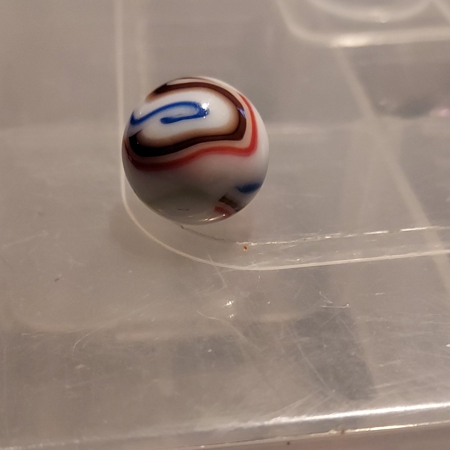 White Base Glass Toy Marble – Blue Red Green & Brown Swirl, Single, Ages 17+