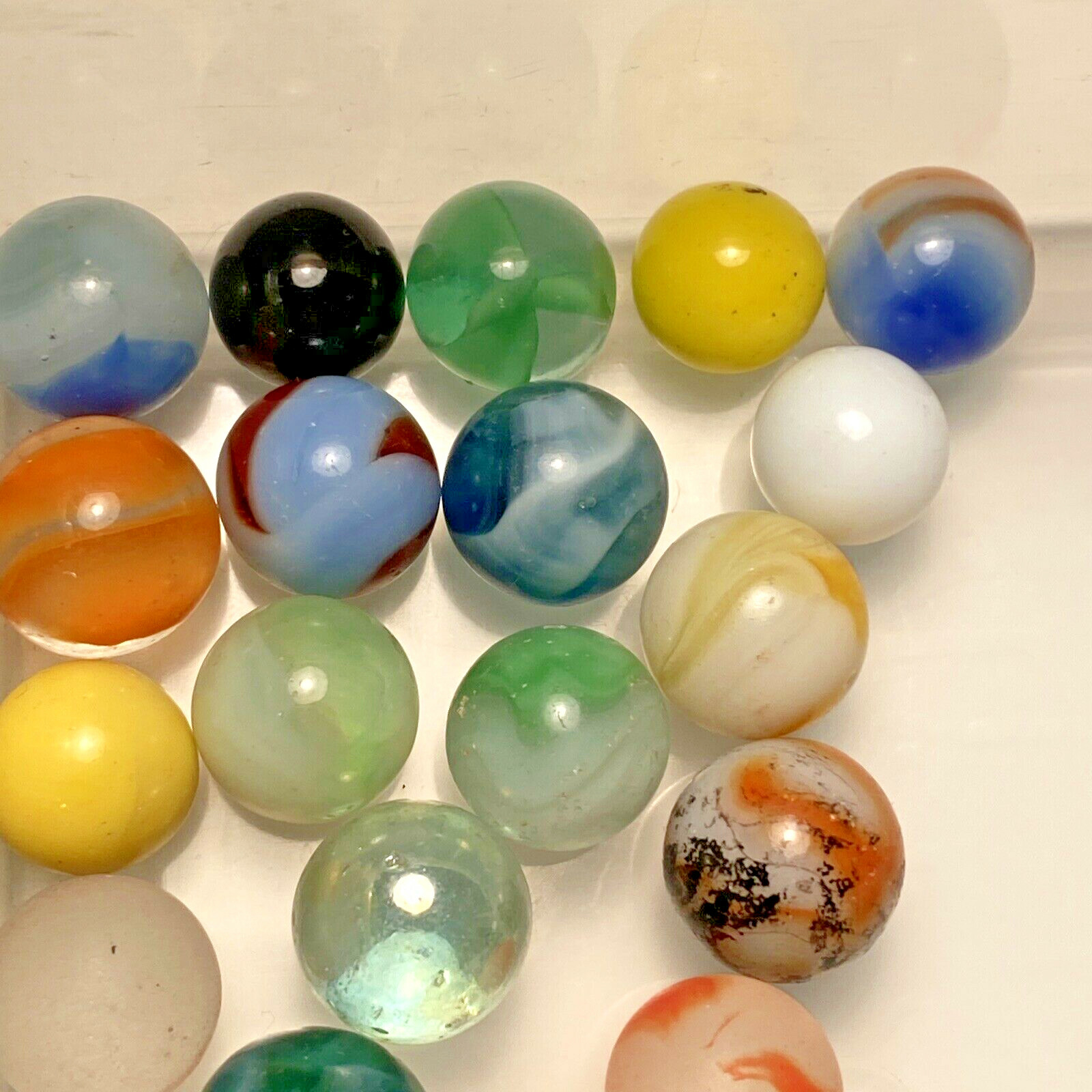 Vintage ? Lot of 34 Marbles Glass Crackle Blue Solid Yellow Green Orange Toy