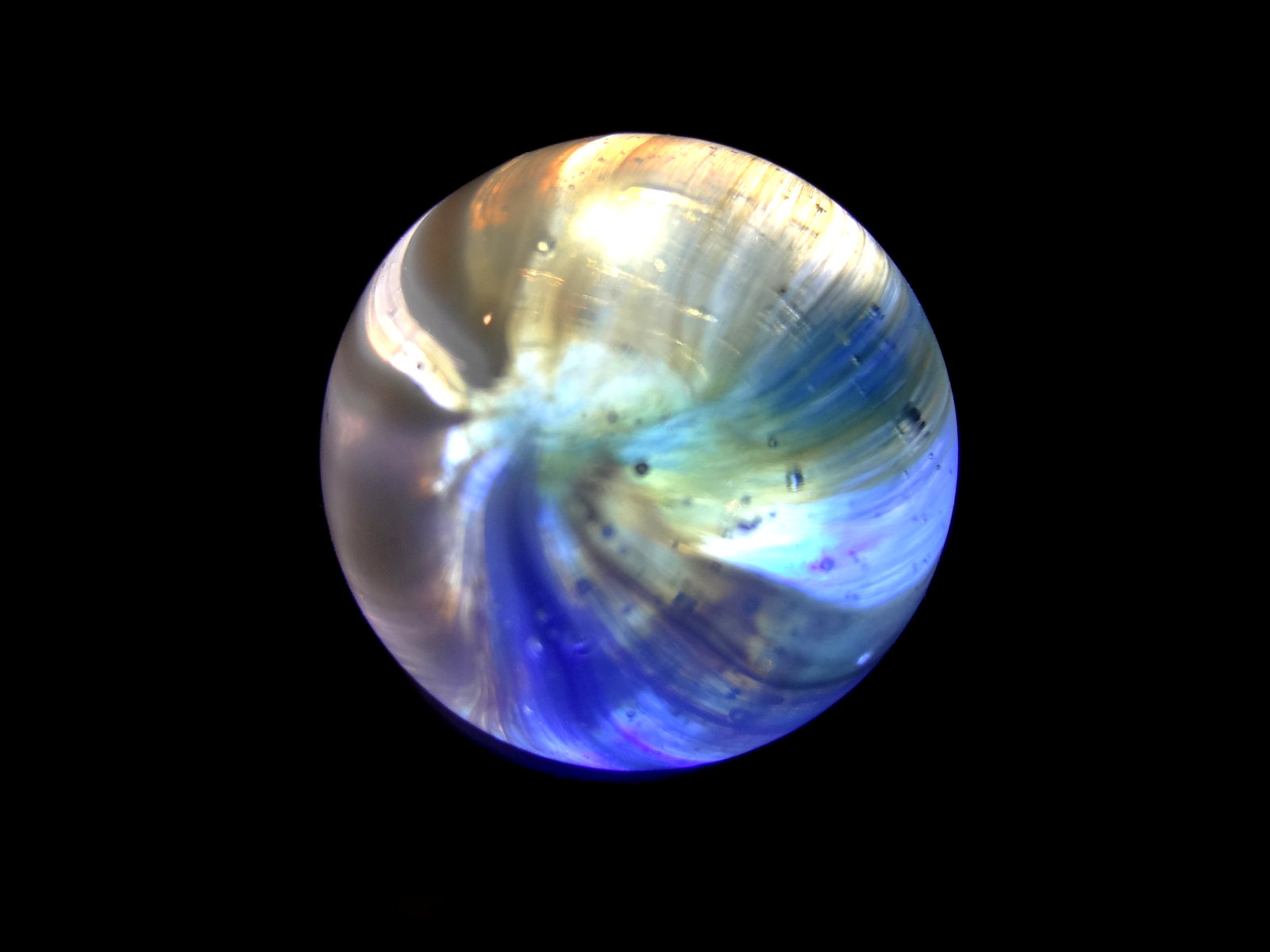 Master Marble ” RARE SUNBURST ” w/MOONIE GLASS Awesome colors Wet Mint