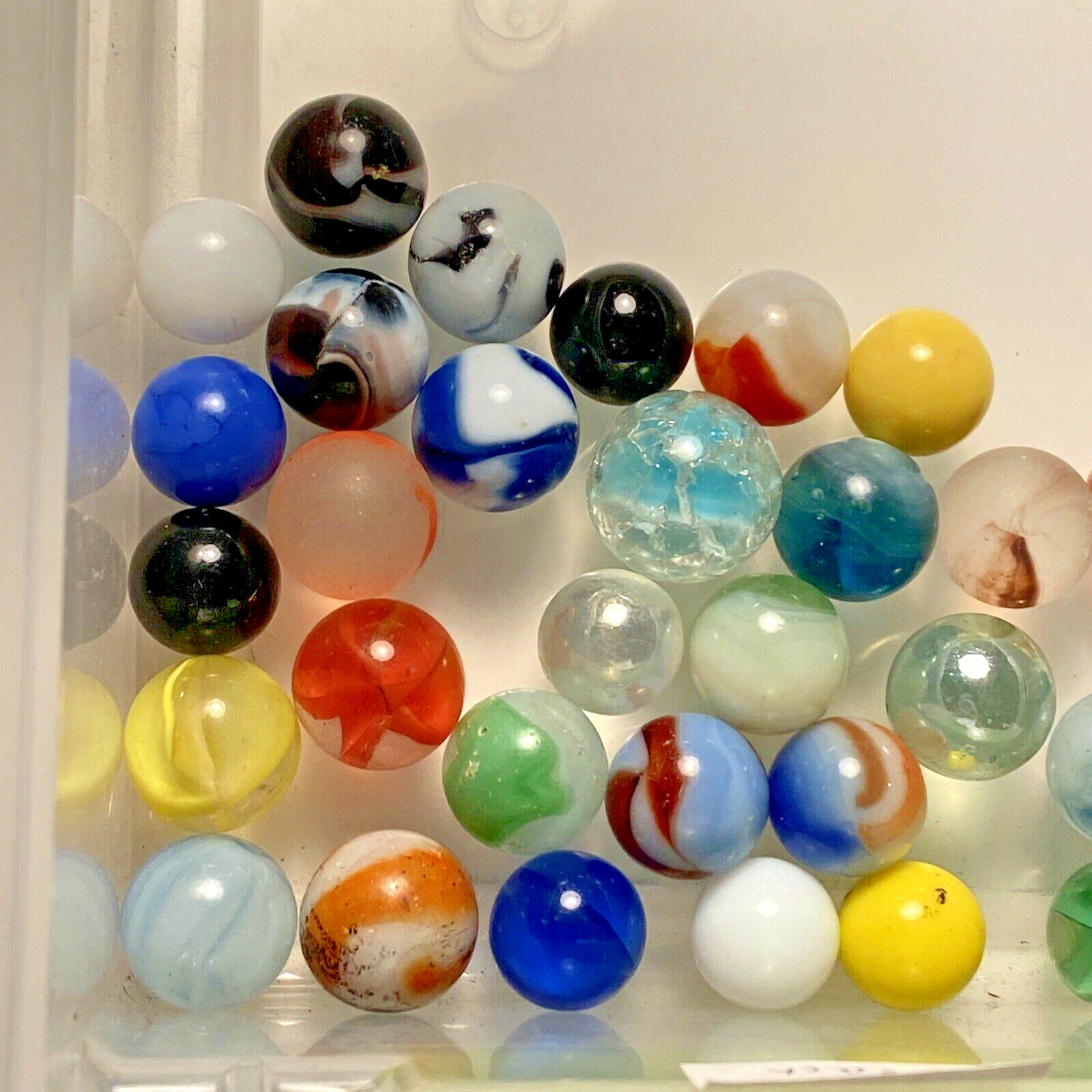 Vintage ? Lot of 34 Marbles Glass Crackle Blue Solid Yellow Green Orange Toy
