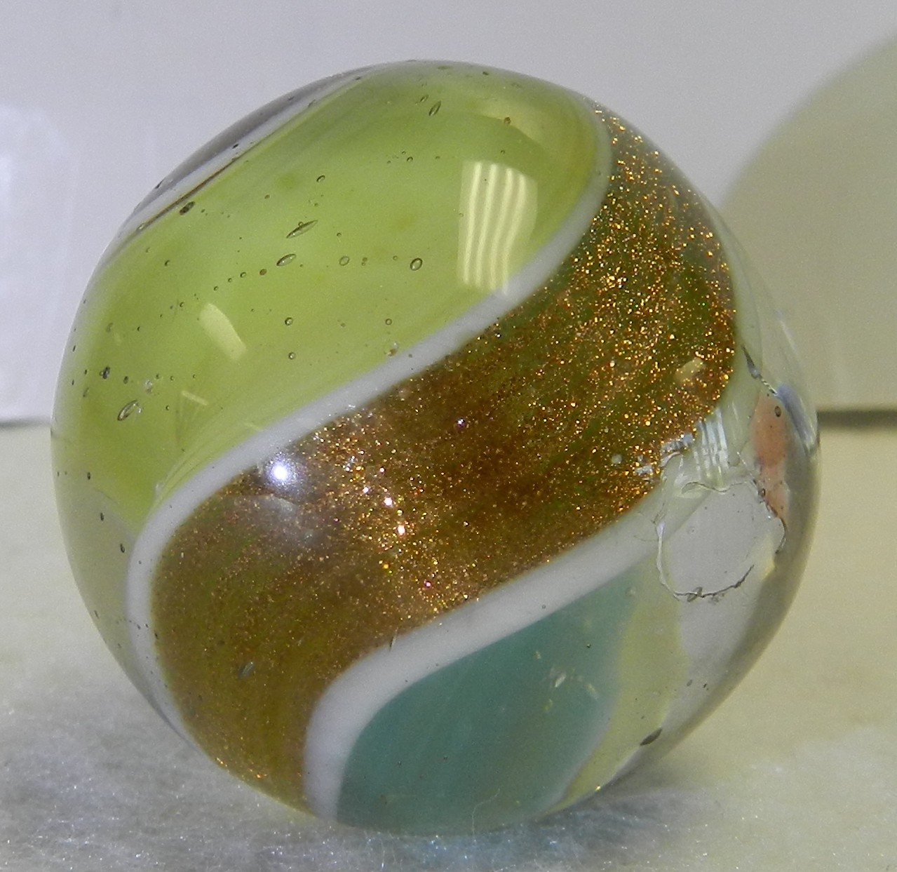 #19661m Nice Large 1.39 Inches German Handmade 2 Color Ribbon Lutz Marble