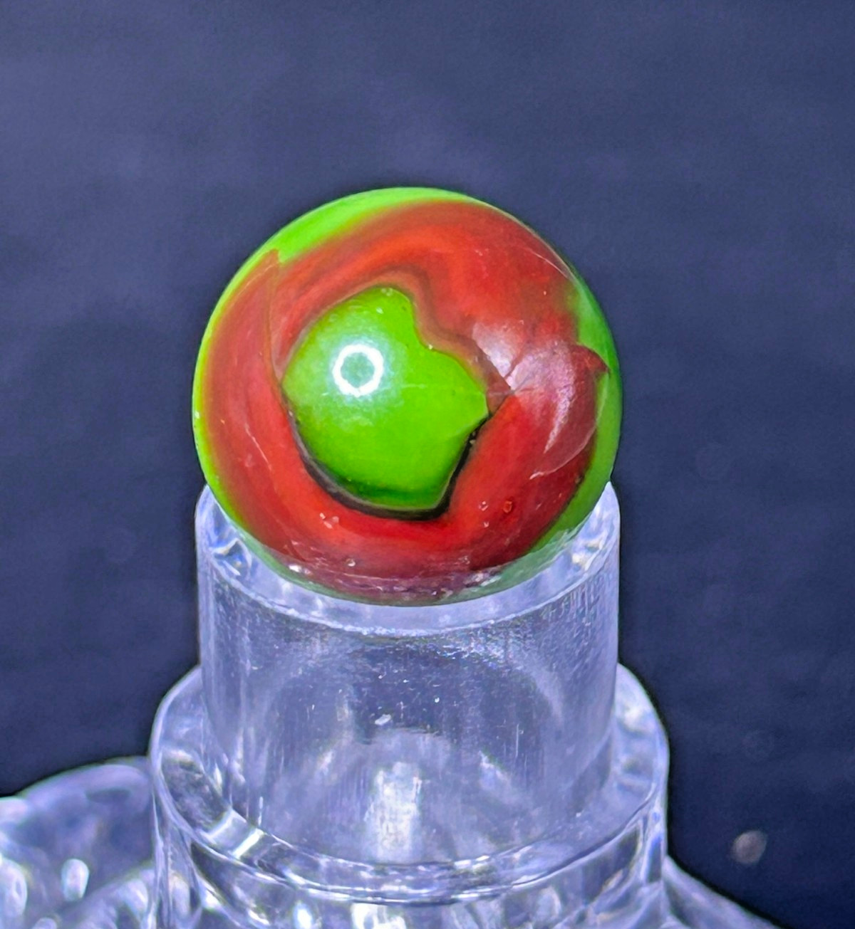 Vintage Peltier NLR Flaming Dragon Marble, Green Base/Red, .59″, Mint, #P19