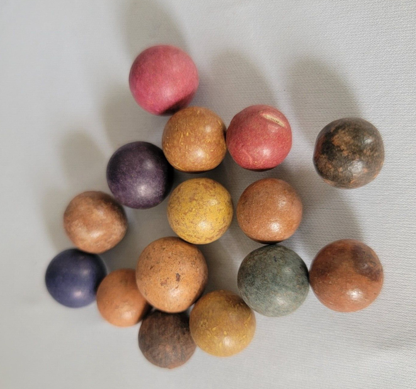 Group of 15 Various Size Vintage Clay MARBLES Blue-Purple Pink Green Brown pk 15