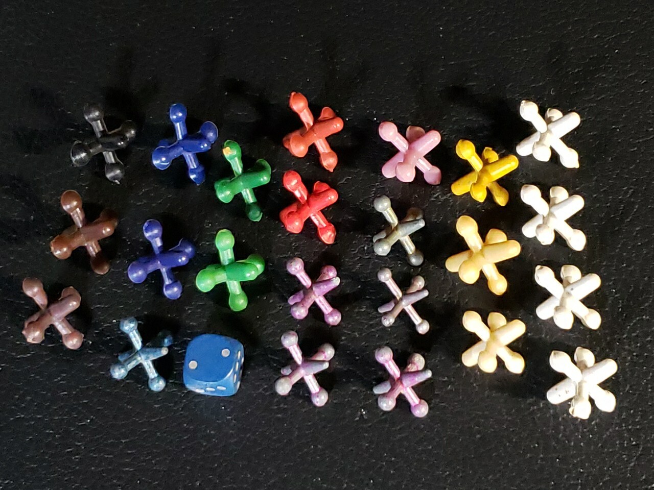 Lot Of 23 Colorful Plastic & Metal Jacks With 1 Vintage Dice
