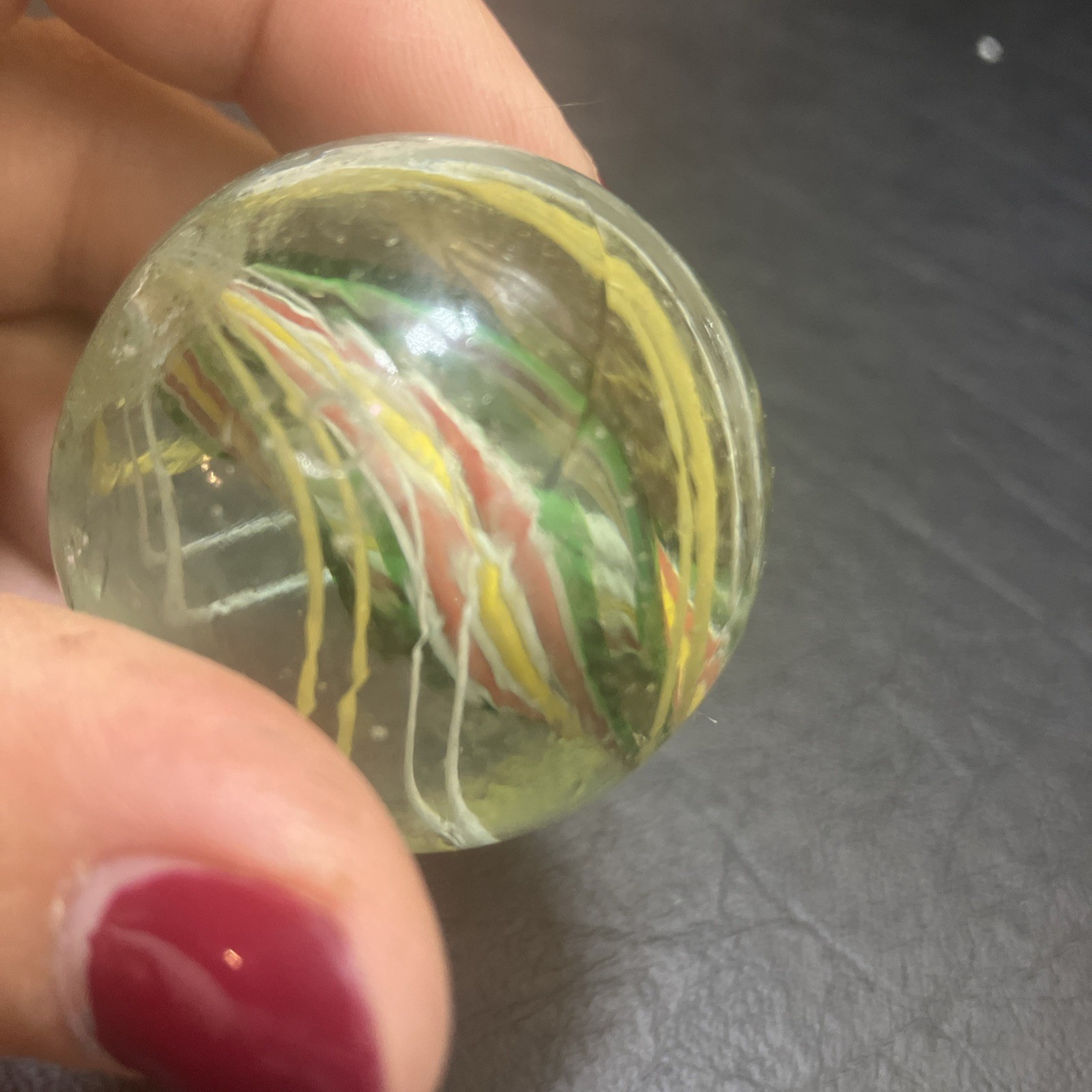 German Handmade Ribbon-Core Swirl Marble ~23mm Multicolor w/ White Cage (1As)