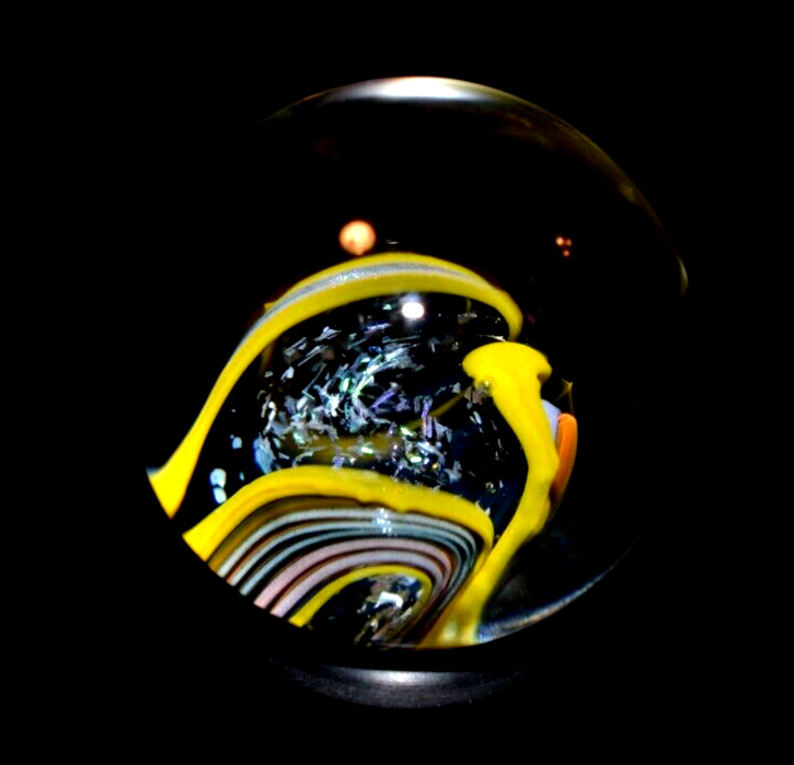 MIKE WARREN GLASS MARBLE/1.153″-TRIPLE ABALONE-PINK,EGGPLANT,GOLD,DICHROIC+