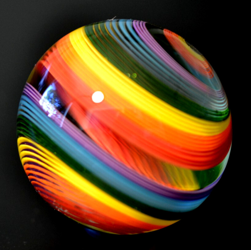 JOHN GIBBONS GLASS MARBLE/1.853″-GREEN LUTZ,RED,ORANGE,MAGENTA,YELLOW,TURQ+