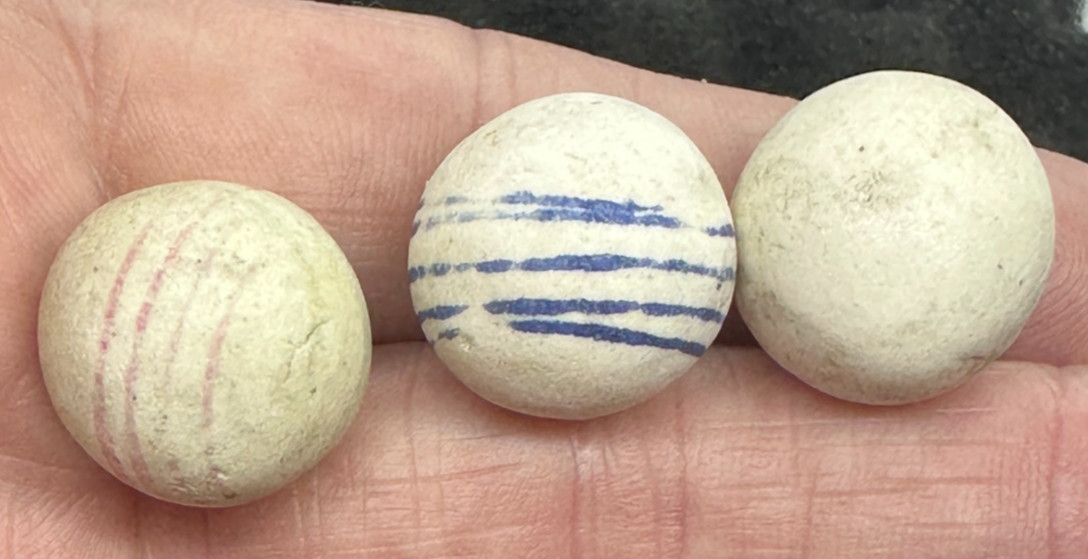 3 CHINA MARBLES ANTIQUE BLUE LINED 1800’s HANDMADE VINTAGE .74″-.77″ old toy