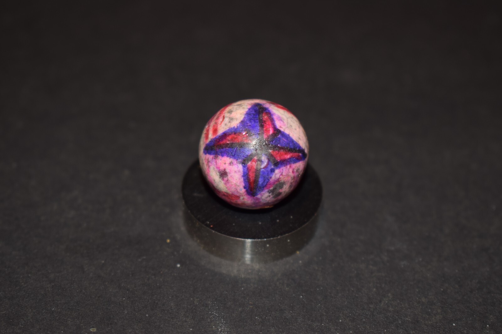 Antique Hand Painted, Fired Clay Abstract Star Marble Shooter Size .765″ VGC