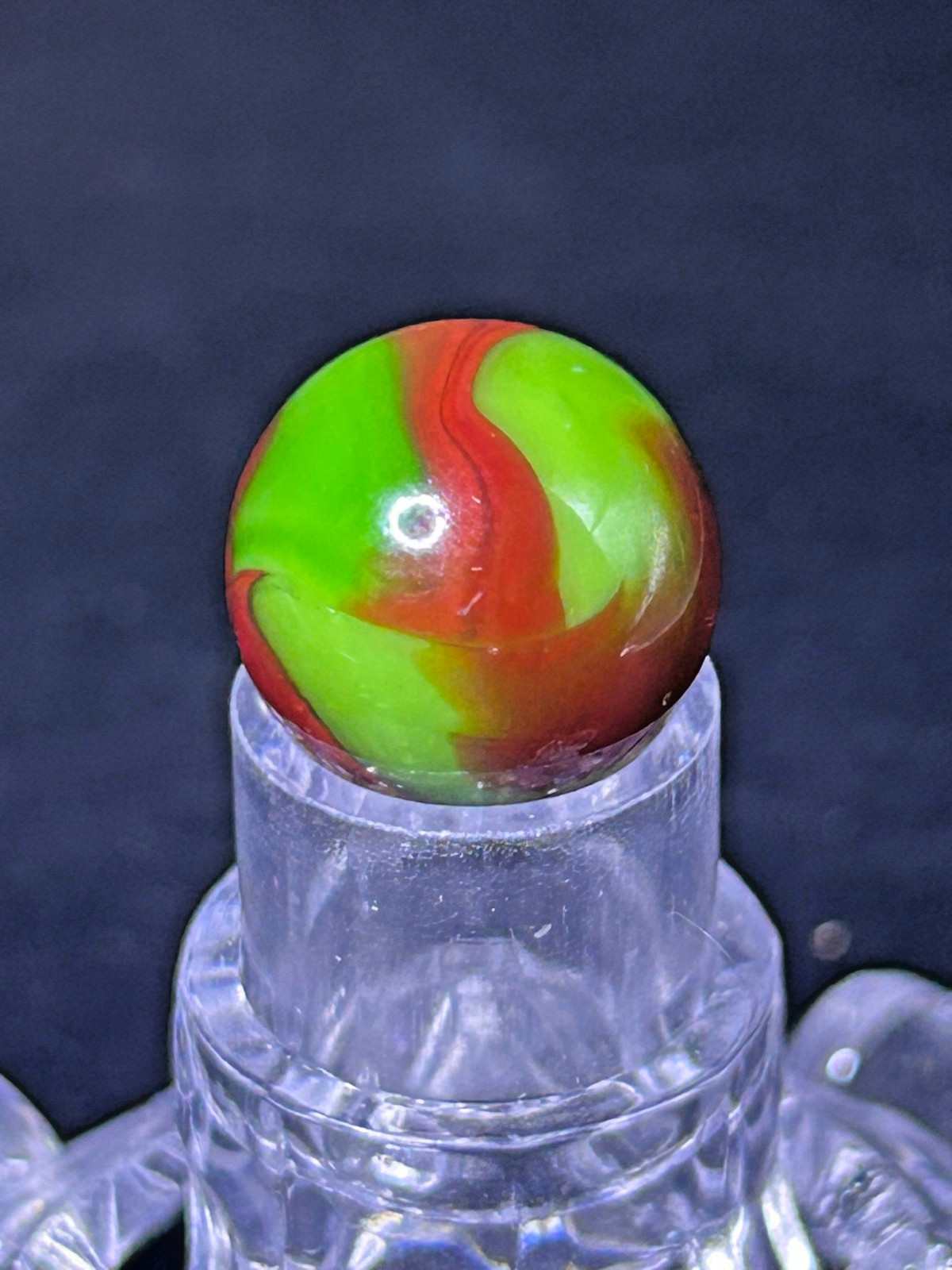 Vintage Peltier NLR Flaming Dragon Marble, Green Base/Red, .59″, Mint, #P19