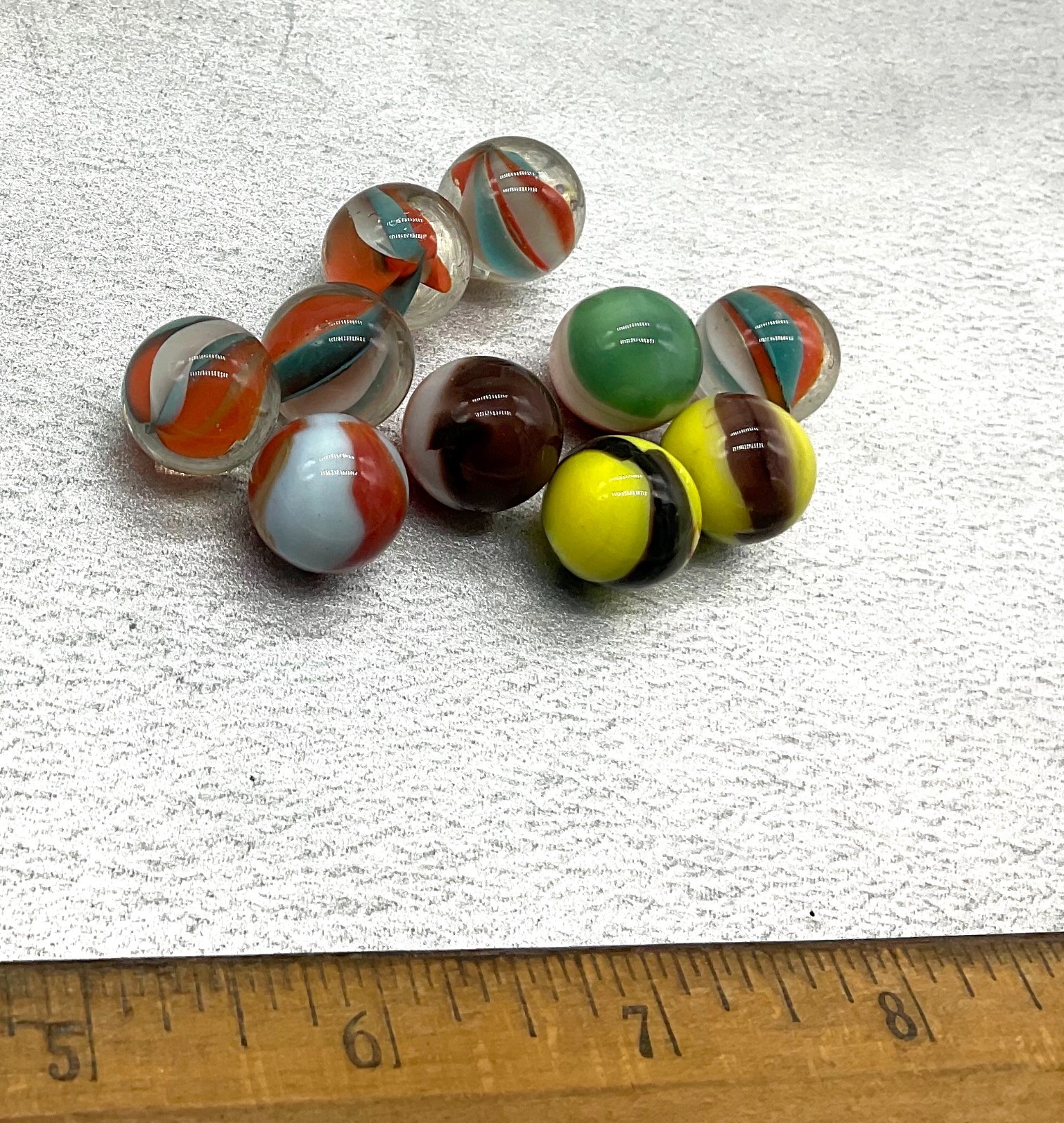 Lot 10 Vintage Swirl Marbles Opaque Milk Glass & Clear w/ Blue, Orange & White