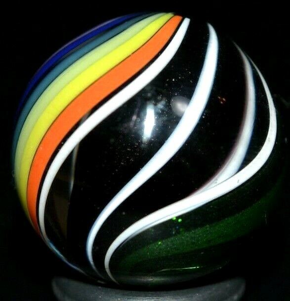 JODY FINE HANDMADE GLASS MARBLE/.880″-ZEBRA CORE w/RAINBOW & GREEN LUTZ RIBBONS-