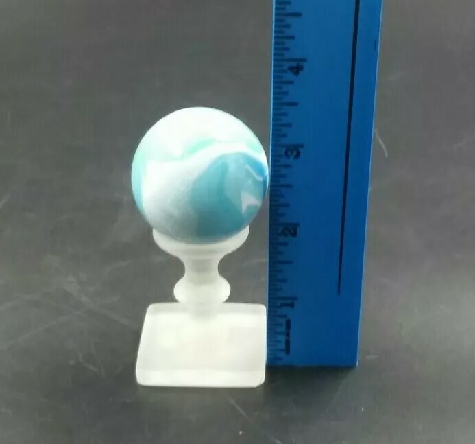 VTG Slag Swirl Art Glass 1.5 Inch Sky Blue & White Marble Globe Orb With Stand