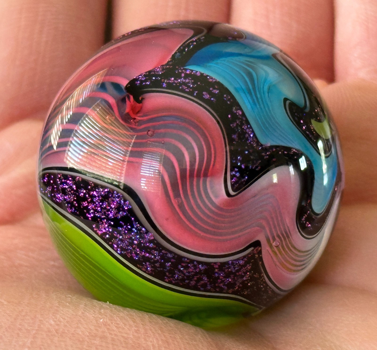 LARGE Contemporary Handmade HOT HOUSE Glass Marble SWIRLS w/Purple Lutz – 1.69″