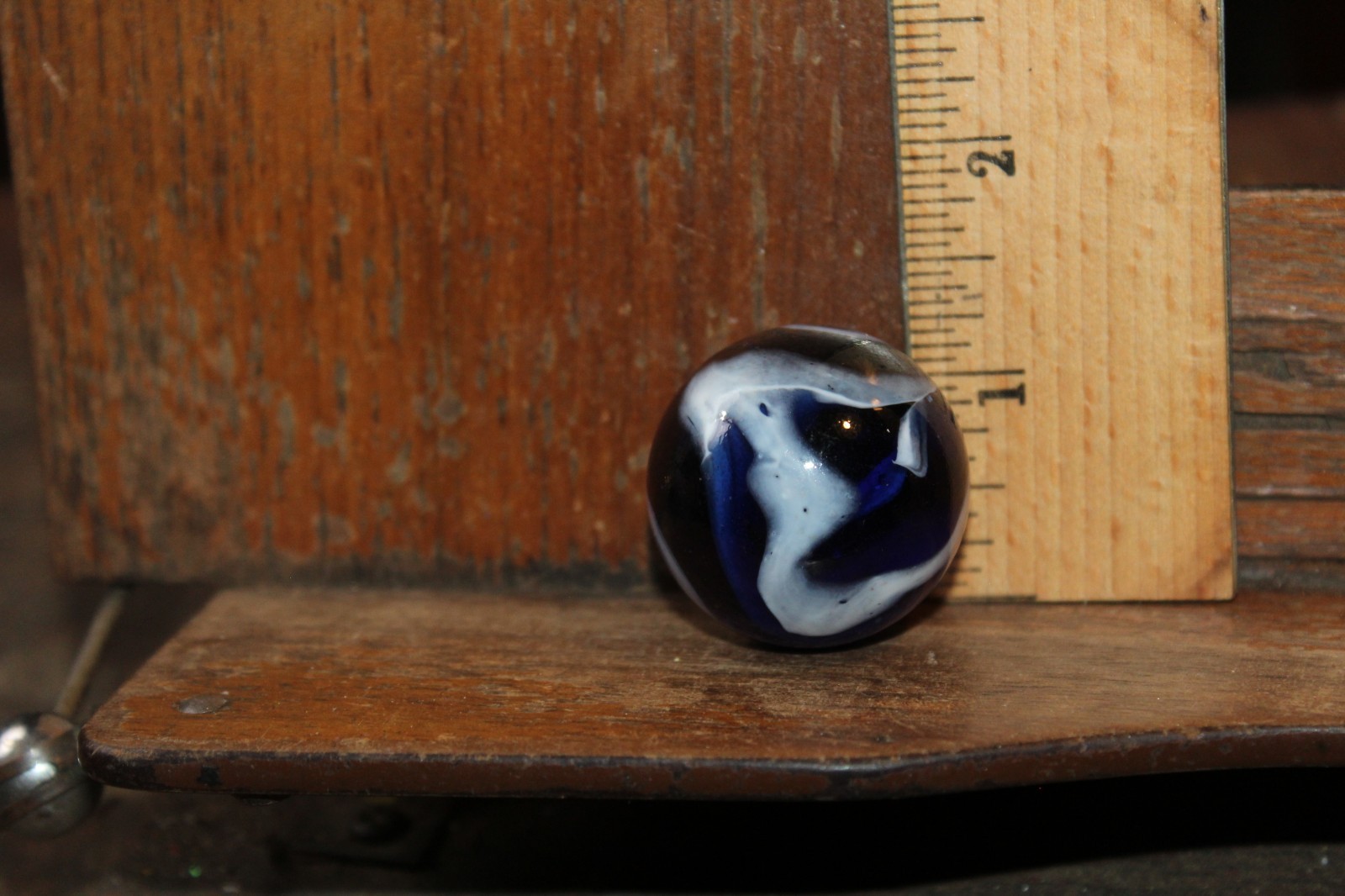 Vintage Machine Made Large Glass Shooter Marble Cobalt Blue White Swirl 1-1/4″