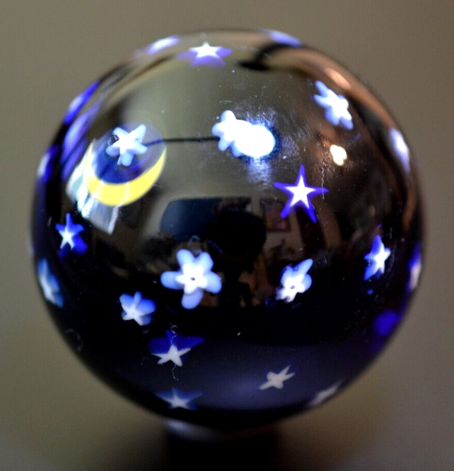 DAVID P. SALAZAR GLASS MARBLE/2.009″-MOON & STARS-TRANS.ROYAL,SUNFLOWER CRESCENT