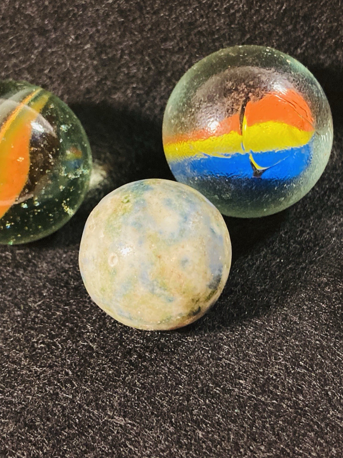 2 ANTIQUE VINTAGE BENNINGTON MARBLES FANCY MULTICOLORED 1800’s HANDMADE GLAZED