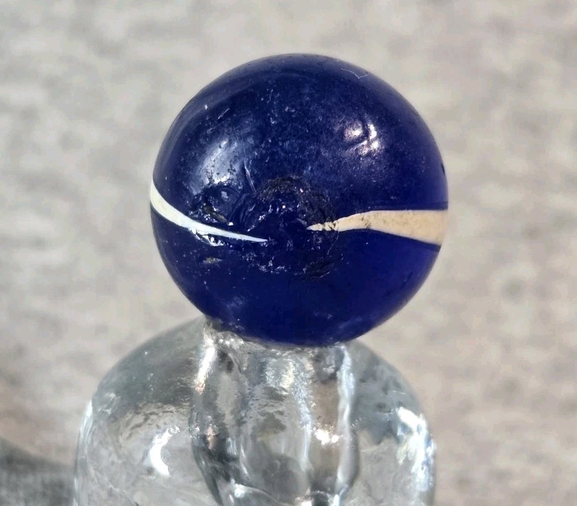 Handmade German Marble – Translucent Blue with Two White Stripes Vintage #001