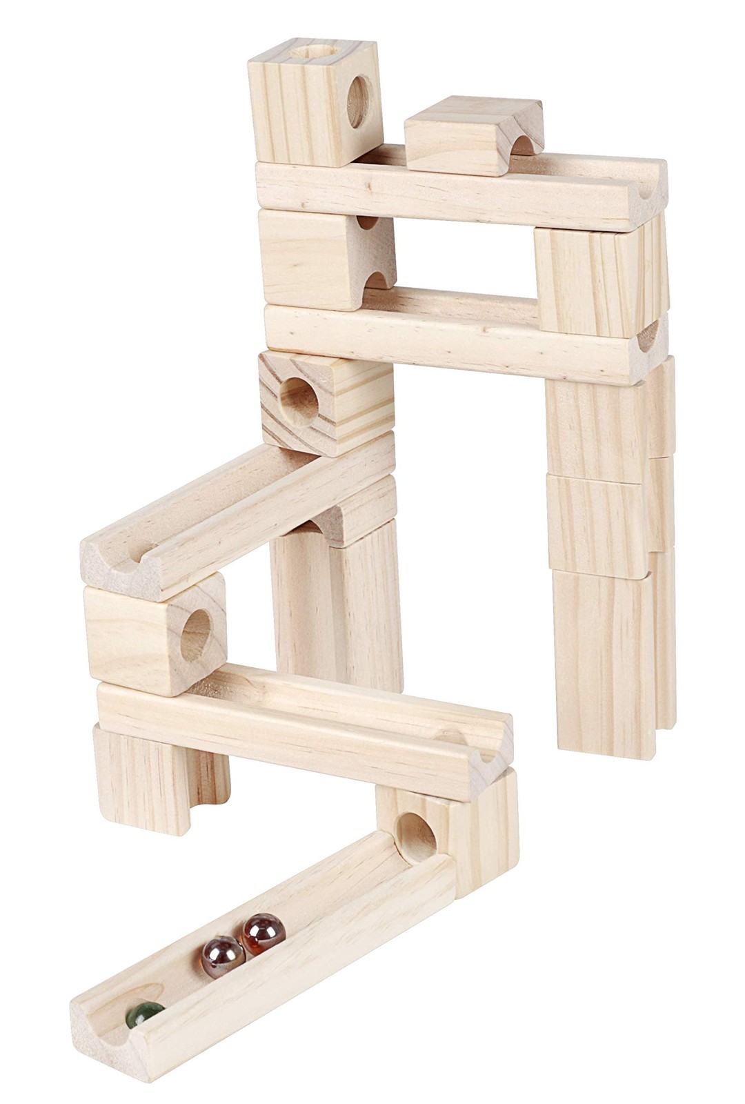 Golden Age Marble Run Toys, 60 Pieces Wooden Classic Ramps 60, Light Brown