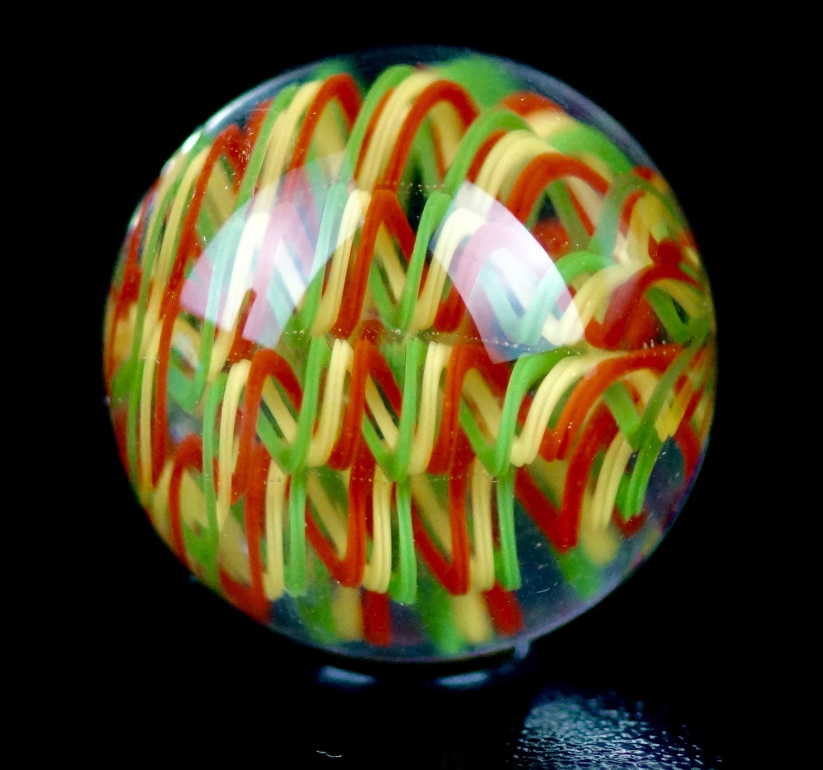 Bryan Trillas Glass Marble/ Filigree Cane/ UV Reactive/ Rasta /0.8-0.9 inch