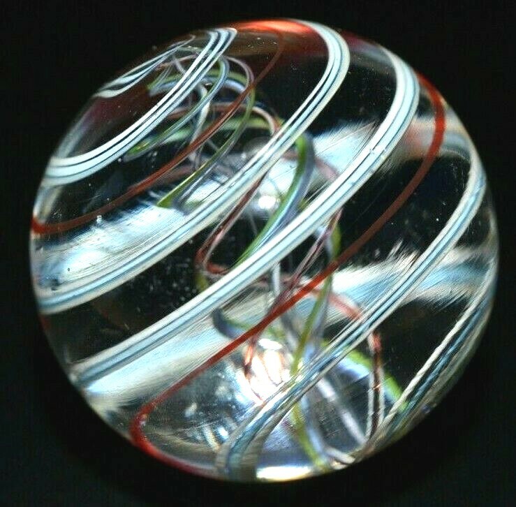 MASLACH? FINE? unsure GLASS MARBLE/1.264″-4 COLOR LATTICINIO TORNADO-CHERRY,TURQ