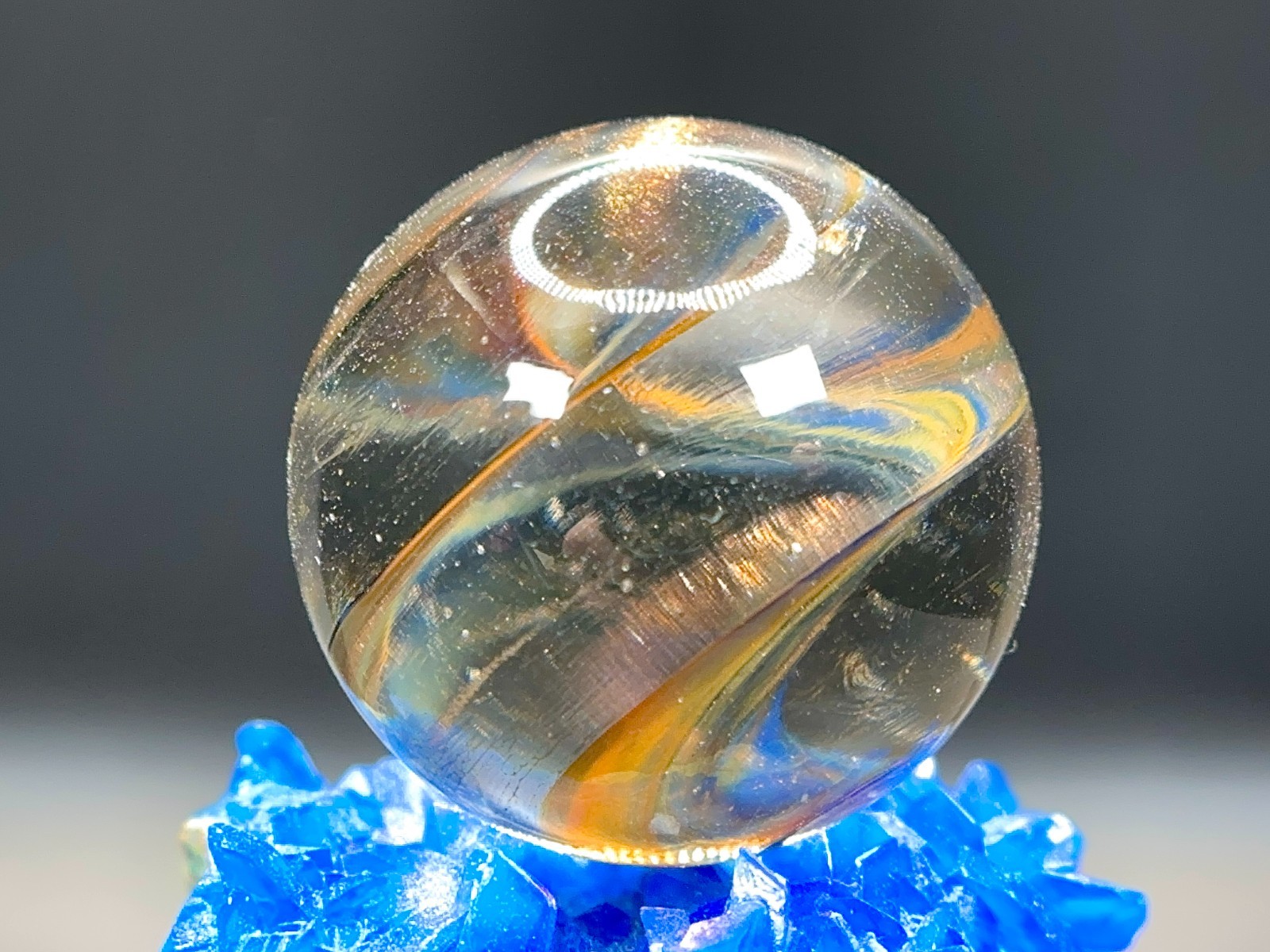 Big Contemporary Handmade Glass Marble – Gold Lutz Mist Ribbon Core – 1.19″ Nice