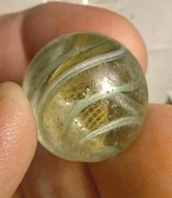 Antique Handmade German Marble – Green Swirl Latticinio Yellow Core