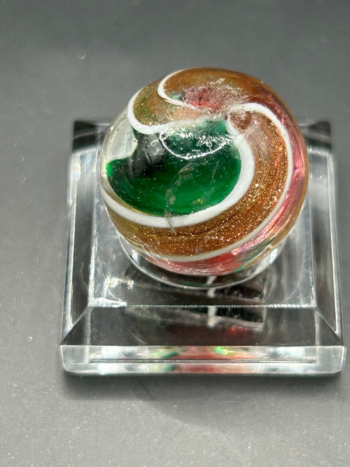 Antique German Cranberry Green Ribbon Core Lutz Marble 11/16″ Mint- E2.2