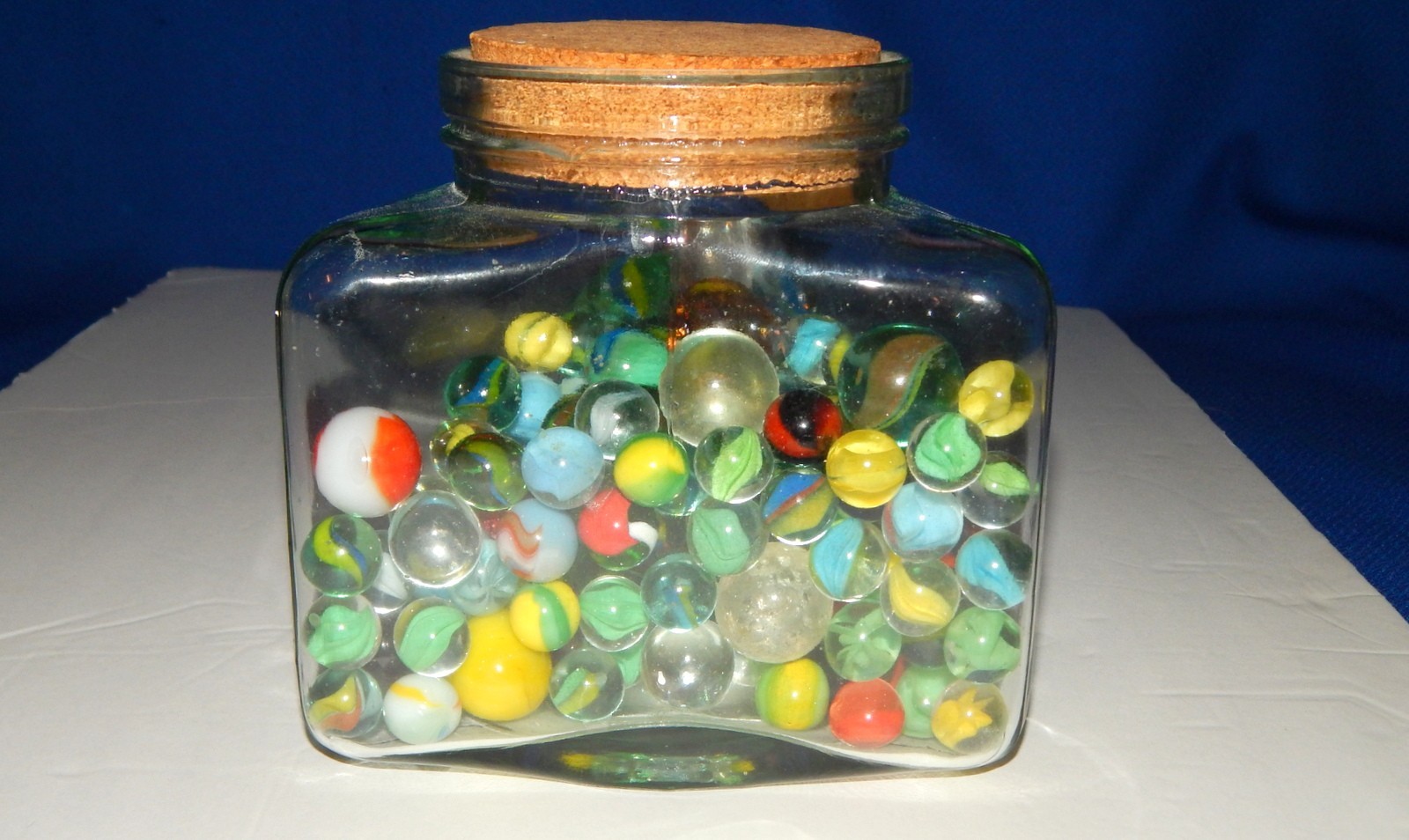 Vintage Triangular Glass Jar of Vintage Marbles w/ Shooters Cat Eyes MORE 4 lbs