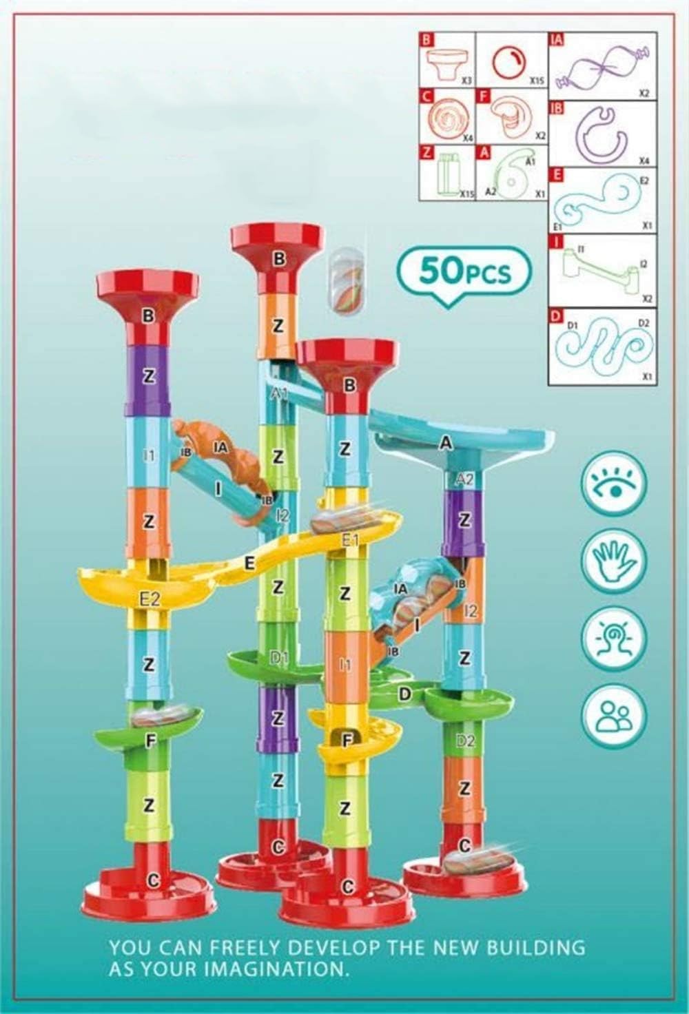 50Pcs Marble Run Set Building Blocks with 30 Glass Marbles for SmallB, White
