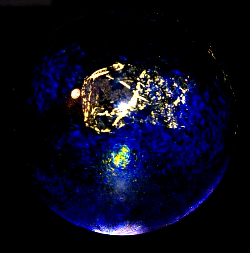 CHARLES CULBERT GLASS MARBLE/2.724″-TRANSPARENT DARK EARTH ABSTRACT-GOLD,VIOLET+