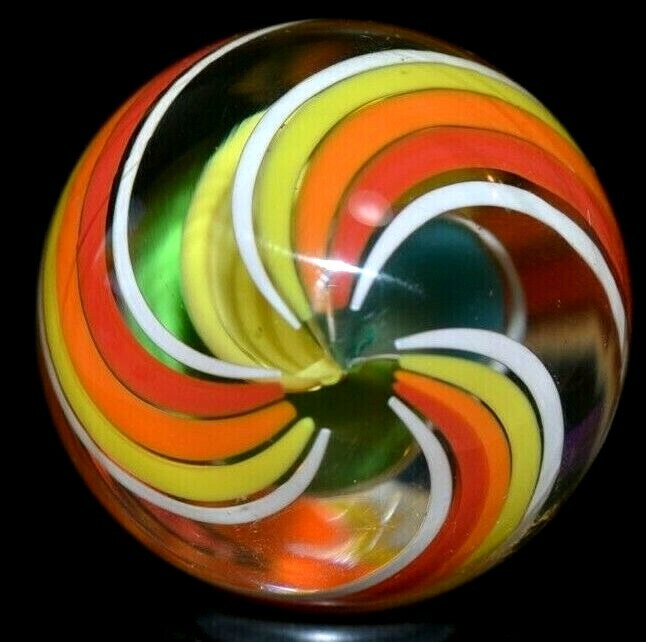 JODY FINE GLASS MARBLE/1.343″-CITRUS 3 FIN SWIRL-TURQUOISE,YELLOW,LIME,ORANGE+