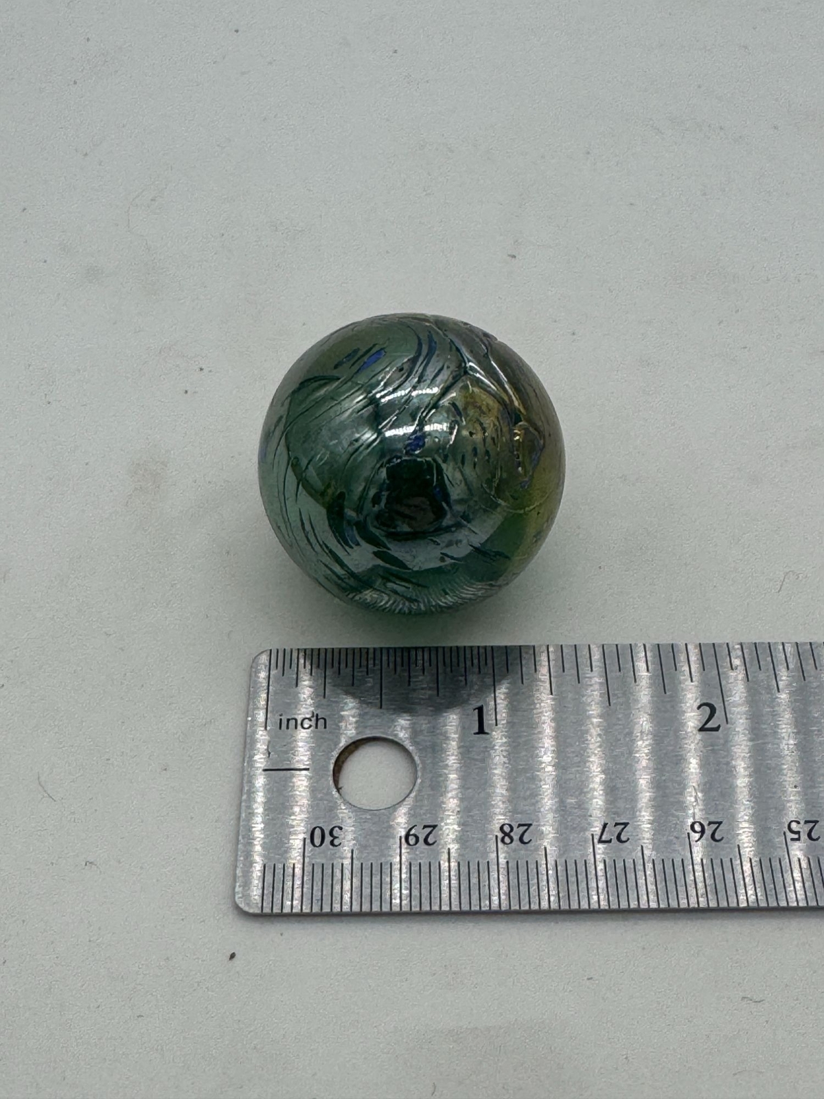 Two Large Green Iridescent Hand Blown Glass Orbs Marble Shooter