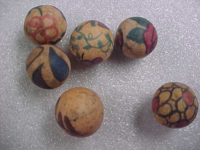 Group of 6 Hand painted Clay Marbles 11/16 to 3/4 in.Beautiful-Hard to find