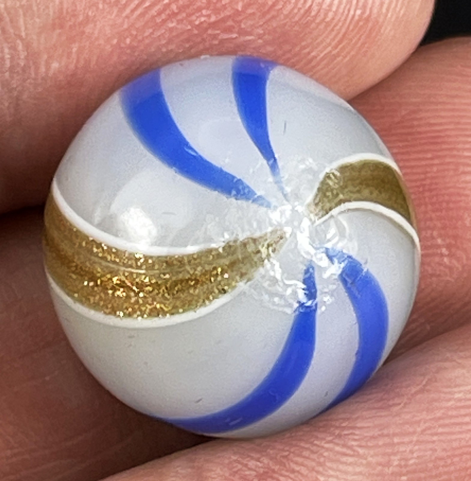 Antique Handmade White Base Glass Opaque Banded Lutz Marble – .757″