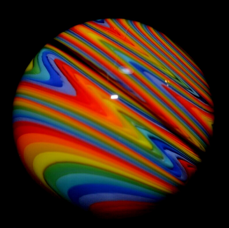 JAY SLACK GLASS MARBLE/1.331″-DOUBLE REVERSE-LIME,TURQ.,CHERRY,GOLDENROD,LOBING