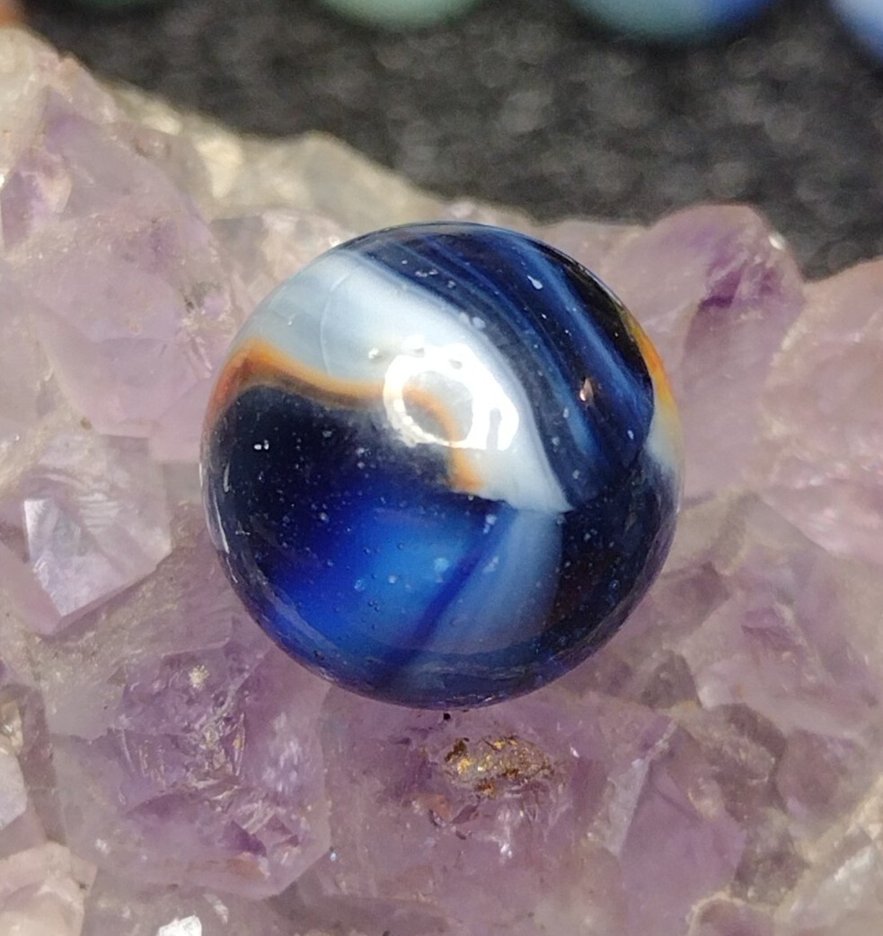 SWEET Blue & Orange & White MCR RAINBO PELTIER Kokomo ? NM- Vintage Marbles .57″
