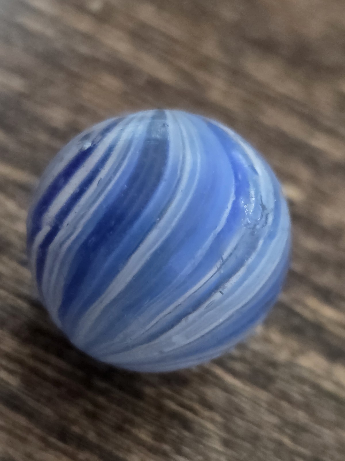 Vintage Handmade .82″ German Blue Onionskin Marble White Aysmmetric Pink Streak