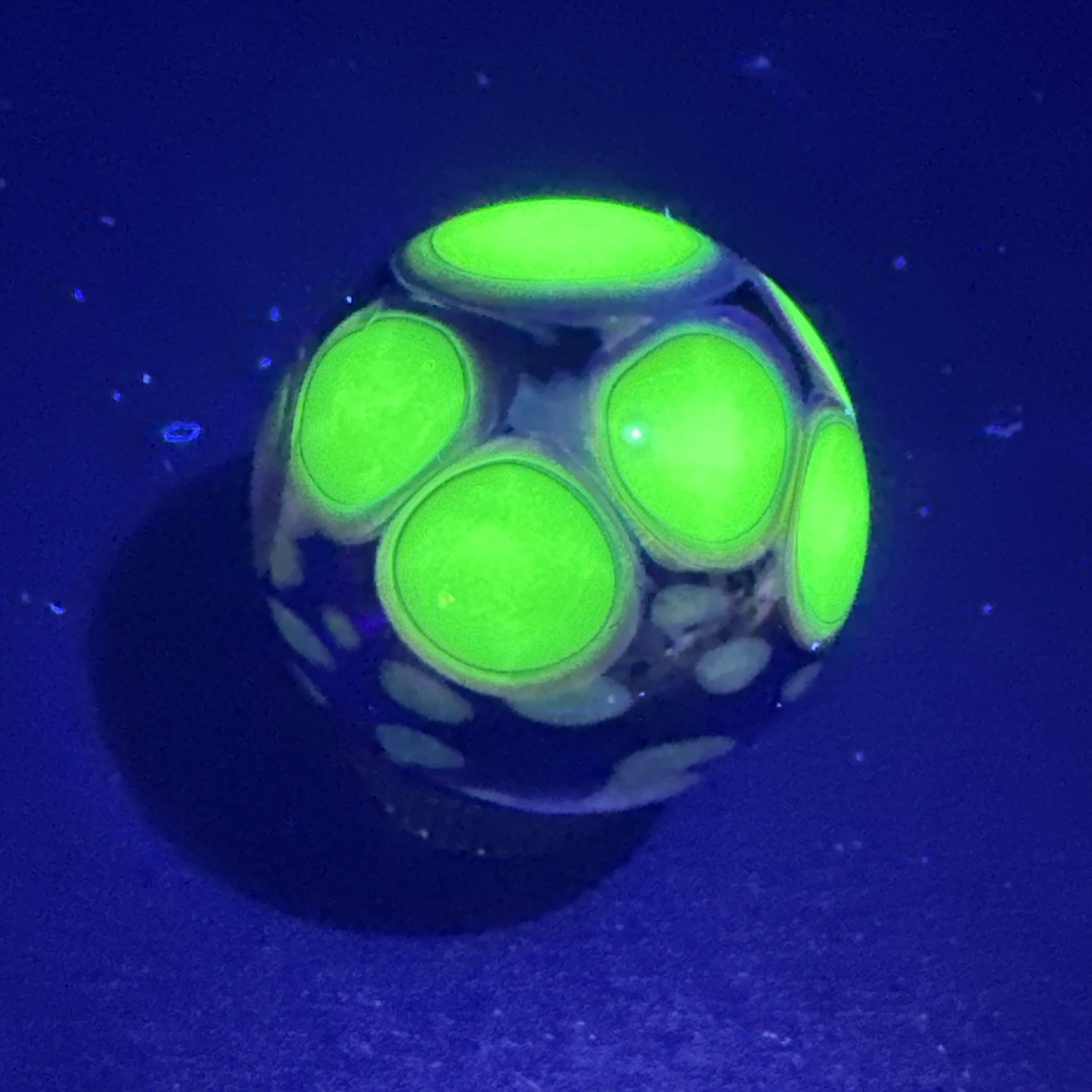 Contemporary Handmade Art Glass Marble 1.04″ Green Blue Spots UV Reactive Dots!