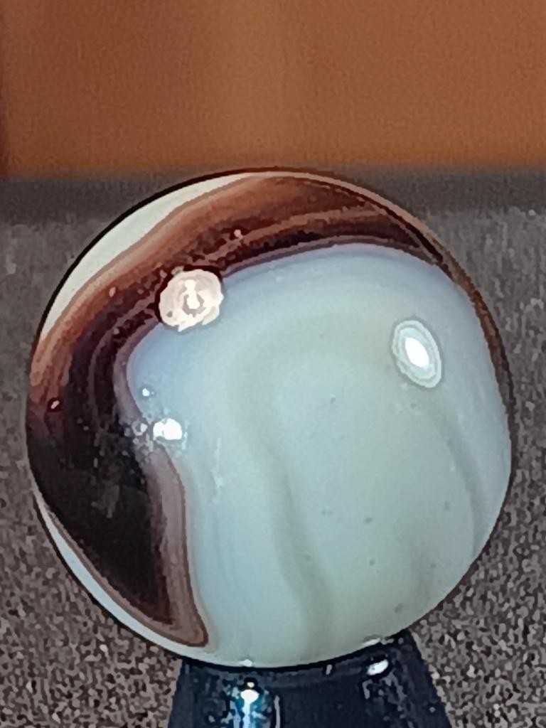 5/8″ Akro Alley Root Beer Browns Ice White Swirl on Clear NM Serious Marble B76