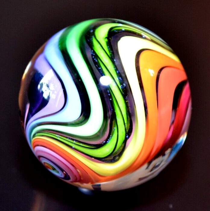 EDDIE SEESE GLASS MARBLE/1.998″-RAINBOW DRT w/FILIGRANA CANE-MAGENTA,LIME,VIOLET